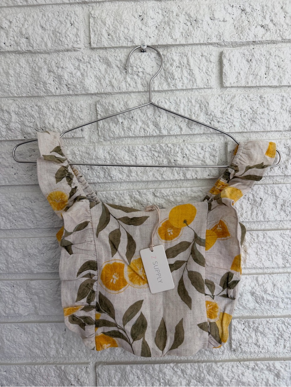 Z Supply Cream Linen-Blend Amber Citrus Print Crop Top with Ruffle Straps